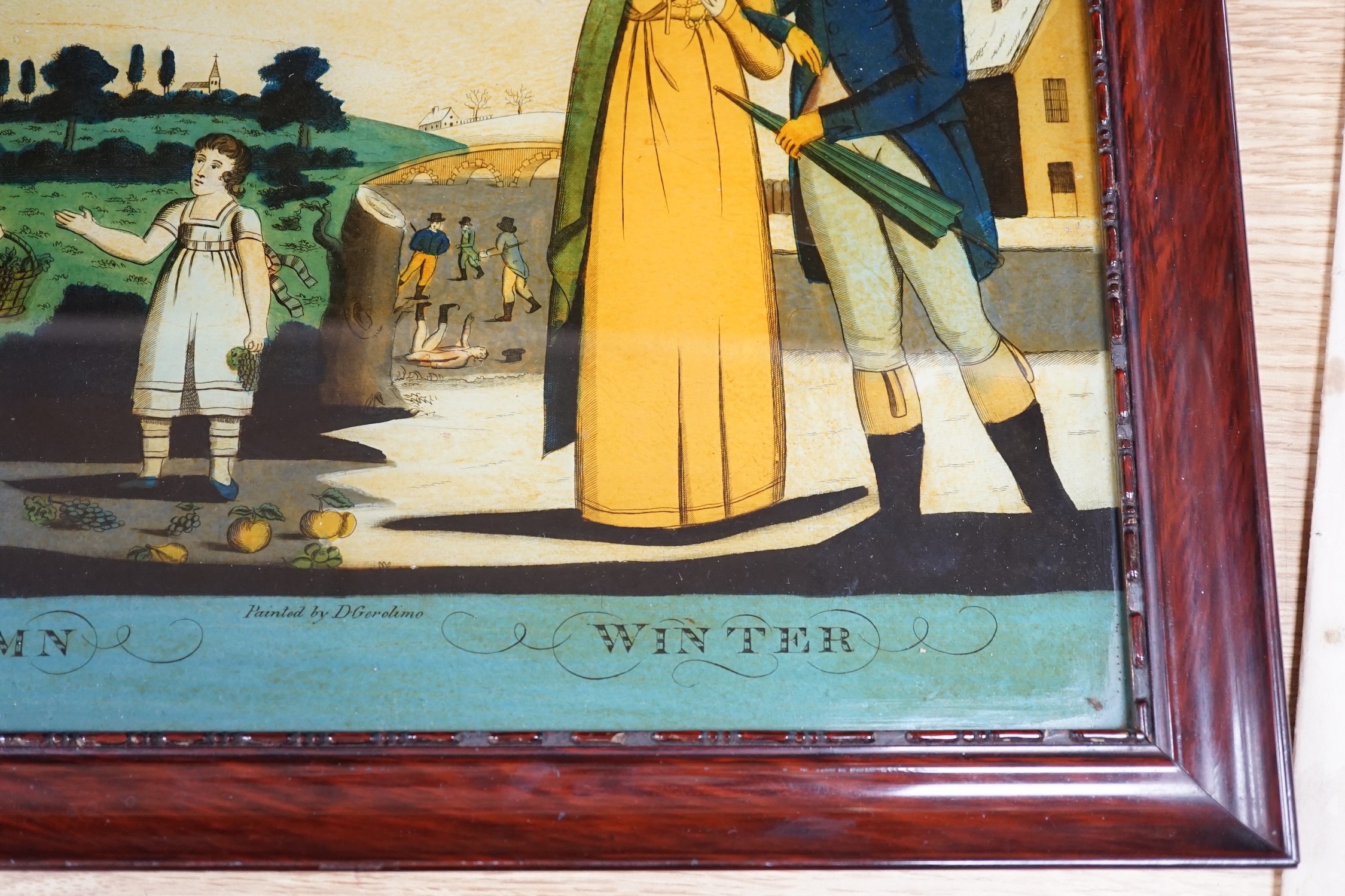 A Georgian style reverse painting on glass, painted by D Gerolimo depicting ‘Autumn and Winter’, 25 x 36cm